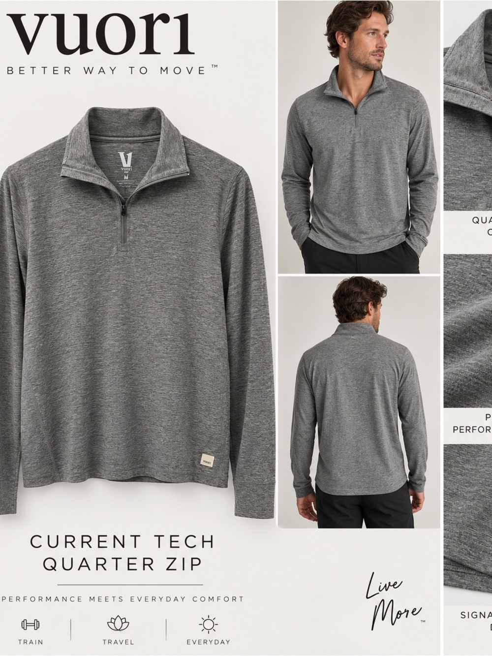 Vuori Men’s Current Tech Quarter Zip - Heather Gray